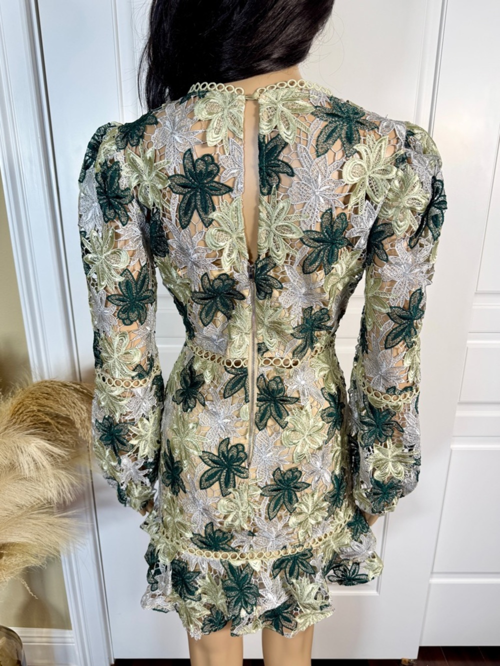 GREEN AND CREAM LONG SLEEVE FLORAL MINI DRESS WITH CROCHET AND LACE DETAILS - Picture 10 of 13